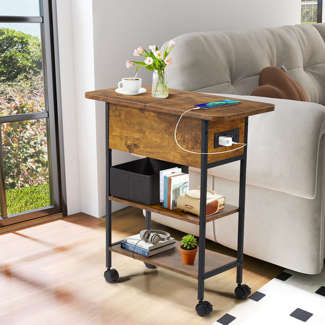 EROMMY Multi-Functional Flip Side Table, 360° Swivel Wheels & Storage Shelf for Living Room/Bedroom, Rustic Brown Wood End Table, Brown-Erommy