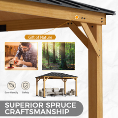 EROMMY 10' x 13' Wood Gazebo Spruce Solid Wooden Frame Pavilion Hardtop Asphalt Roof Canopy for Patio Lawn Garden Backyard