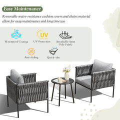 EROMMY 3-Piece Patio Bistro Set, Iron Rope Armchairs with Coffee Table, Modern Outdoor Furniture with Thick Cushions, Durable and Weather-Resistant for Garden, Porch, or Balcony, Earth Black & Starry Sky Gray