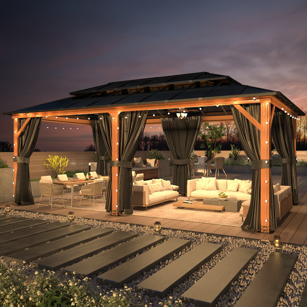 EROMMY 12'×20' Hardtop Gazebo, Faux Wood Grain Aluminum Outdoor Gazebo, Vertical Stripe Polycarbonate Double Roof, Curtains and Netting