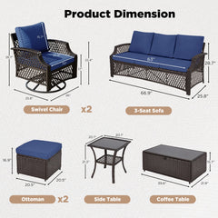 EROMMY 2 Piece All-Weather Outdoor Wicker Ottoman, Patio Footrest & Extra Seat with Thick Cushion (Navy Blue)