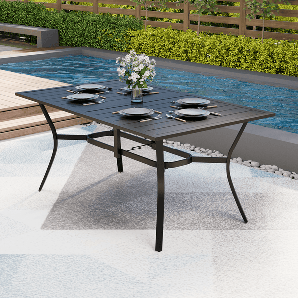 composite slatted patio dining table umbrella hole EROMMY 63"x38" Outdoor Dining Table for 6, E-Coated Metal w/ Umbrella – Erommy