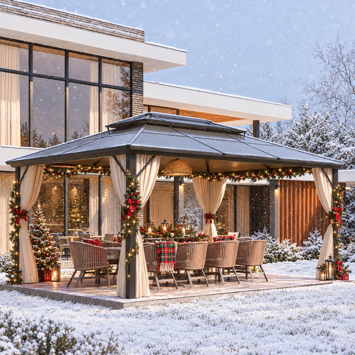 EROMMY 12' X 16' Patio Hardtop Gazebos Canopy Polycarbonate Double-Roof W/ Netting & Curtains