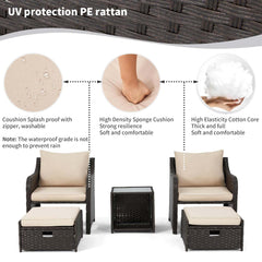 EROMMY 5 Pcs Outdoor Wicker Chair Set with Ottomans and Coffee Table, Khaki