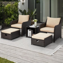 EROMMY 5 Pcs Outdoor Wicker Chair Set with Ottomans and Coffee Table, Khaki
