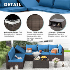 EROMMY 7 Piece Outdoor Patio Furniture with Storage Table, Cushions and Pillows, Blue