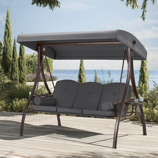 EROMMY 3-Seat Outdoor Porch Swing with Adjustable Canopy and Backrest, Gray