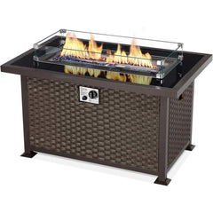 EROMMY 44 in Patio Propane Gas Fire Pit Table with Glass Wind Guard, Dark Brown