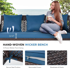 EROMMY 3-Person Outdoor Wicker Porch Swing Bed for Patio Blue