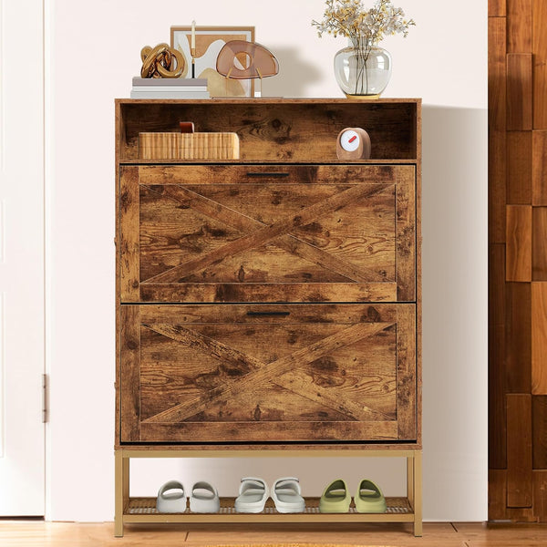 EROMMY Shoe Racks with 2 Flip Drawers and Open Storage, Brown