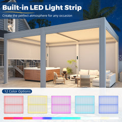 EROMMY 12' x 16' Outdoor Pergola with LED Lights, Aluminum Gazebo with Motorized Louvers & Side Screens for Patio, Backyard & Poolside, White