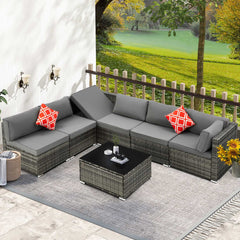 EROMMY 7 Piece Outdoor Patio Furniture with Storage Table, Cushions and Pillows, Gray