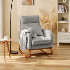 EROMMY Solid Wood Rocking Chair with Cushion & Blanket, Gray, High Legs