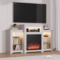 EROMMY 55" Electric Fireplace TV Stand with 16 Color Lights, Wooden Entertainment Center with Adjustable Shelves, White