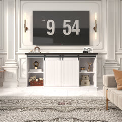 EROMMY 63 Inch Fireplace TV Stand with Electric Fireplace, Sliding Barn Doors, LED Flame Effect, Bright White