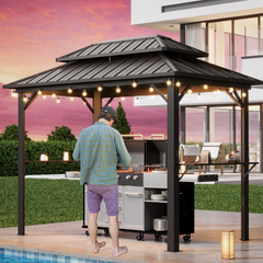 EROMMY 10' x 6' Hardtop Grill Gazebo, Outdoor BBQ Gazebo with 2 Side Shelves and Bottle Opener, All-weather Grill Gazebo with Galvanized Steel Double Roof for Patio, Lawn, Backyard, Brown