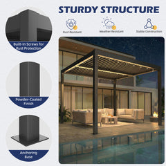 EROMMY 10' x 10' Outdoor Pergola with Adjustable Louvered Roof & Integrated Drainage, Heavy-Duty Metal Louvered Pergola for Patios, Black