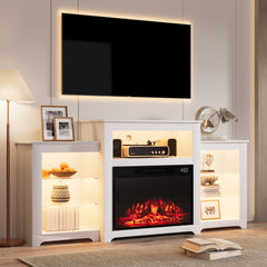 EROMMY Modern 70 Inch Electric Fireplace TV Stand with 16 Color Light Strip and Adjustable Glass Shelves, White