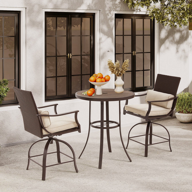 EROMMY 3 Piece Outdoor Patio Set, High Top Patio Bar Set with Round Table and 2 Swivel Dining Chairs with Lumbar Pillow, Beige-Erommy