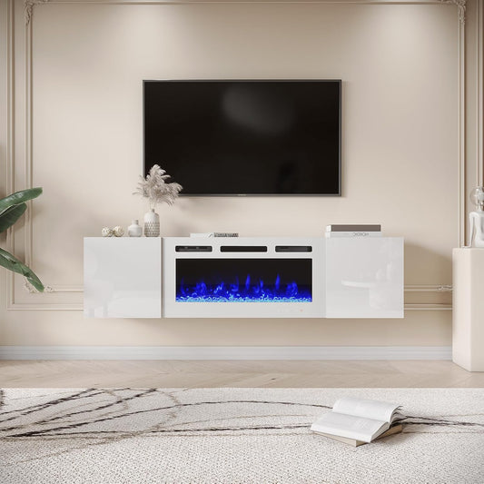 EROMMY 70'' Floating TV Stand with 36'' Electric Fireplace, High Gloss Finish Entertainment Center with 12 Flame Fireplace Insert Heater, For TVs up to 80'', White