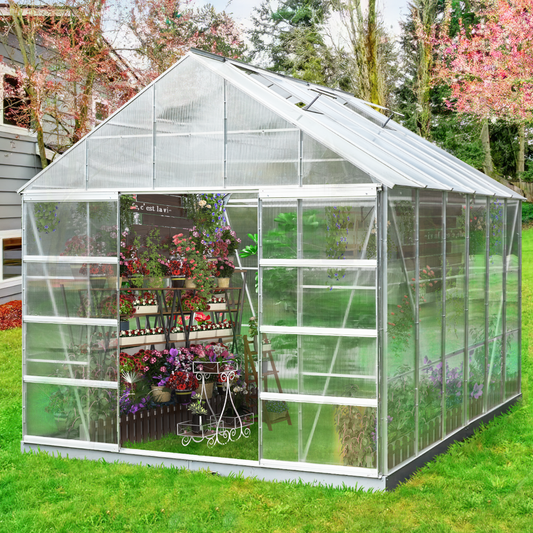 EROMMY 12' x 10' x 10.3' Greenhouse with Polycarbonate Aluminum Frame, Adjustable Roof Vent and Sliding Door