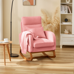 EROMMY Solid Wood Rocking Chair with Cushion & Blanket, Pink, High Legs