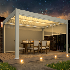 EROMMY Electric Louvered Pergola 10x13, Integrated LED Lighting, Full Aluminum Frame, Adjustable Rainproof Roof for Outdoor Living, White