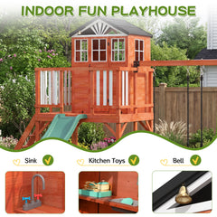 EROMMY Kids Outdoor Wooden Swing Set with Elevated Playhouse, Wave Slide, Belt Swings and Sandbox