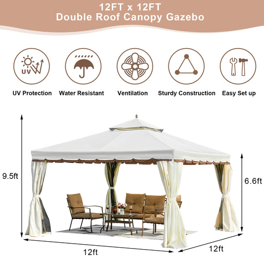 Erommy 12' x 12' Outdoor Canopy Gazebo, Double Roof Patio Gazebo Steel Frame with Netting and Shade Curtains for Garden,Patio,Party Canopy, Cream