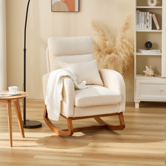 EROMMY Solid Wood Rocking Chair with Cushion & Blanket, Beige, High Legs