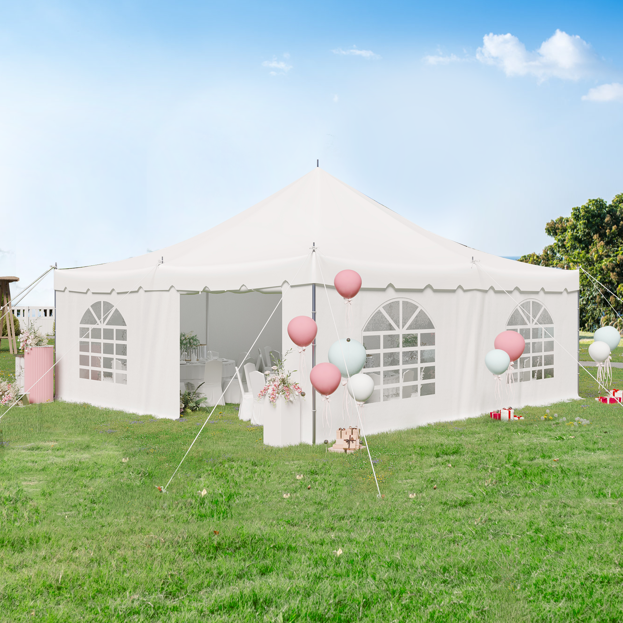 EROMMY 20x20ft Party Tent with Sidewalls & Doors, Fire Retardant PVC, for 120 People - White