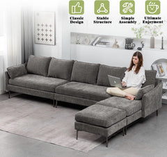 EROMMY L Shaped Sectional Modular Sofa, Convertible Chenille Fabric Couch, Large 5-seat Sectional Couches for Living Room, Grey