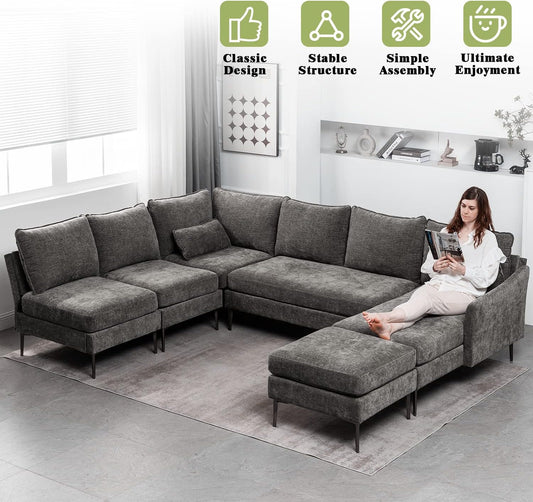 EROMMY Modern U Shaped 6-seat Sectional Sofa Couch, Convertible Chenille Modular Sofa with Chaise Lounge and Ottoman, Grey