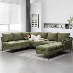 EROMMY Modern U Shaped 6-seat Sectional Sofa Couch, Convertible Chenille Modular Sofa with Chaise Lounge and Ottoman, Green