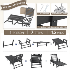 EROMMY 24" W Oversized Chaise Lounge Chairs Set of 2, Adjustable HDPE Outdoor Chairs with Wheels & Cup Holder, Dark Grey
