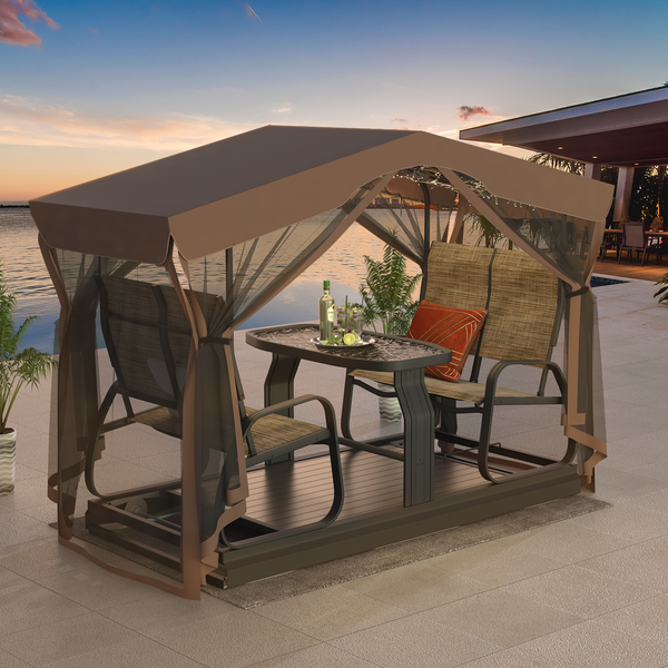 EROMMY 4-Seat Outdoor Glider Benches with Canopy, Retro Metal Glider Chair, Porch Swing with Aluminum Frame, Tempered Glass Tabletop