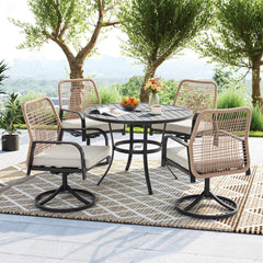 EROMMY 5-Piece Outdoor Dining Set, 4 Swivel Rattan Chairs with Thick Removable Cushions, Round Dining Table with Umbrella Hole