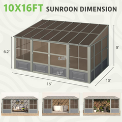 EROMMY 10' x 16' Sunroom, Wall Mounted Gazebo Solarium with Aluminum Frame, Polycarbonate Roof,Lockable PC Screen Walls, Lean to Gazebo for Garden, Patio, Deck
