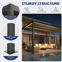EROMMY 10' x 12' Outdoor Pergola with Adjustable Louvered Roof & Integrated Drainage, Heavy-Duty Metal Louvered Pergola for Patios, Black