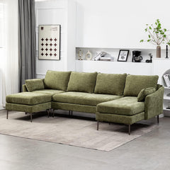 EROMMY Modern U Shaped 4-seat Sectional Sofa Couch, Convertible Chenille Modular Sofa, Reversible Sleeper Couch with Chaise Lounge, Green