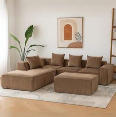 EROMMY 5-Seat Modular Sofa, Corduroy Lounge Couch with Free Combination Design and Throw Pillows, Brown