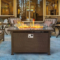 EROMMY 44 in Patio Propane Gas Fire Pit Table with Glass Wind Guard, Dark Brown