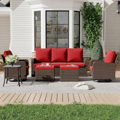 EROMMY 2 Piece Outdoor Patio Ottoman, Rattan Wicker Footstool with Cushion, Invisible Buckle, Multi-Functional Seat or Coffee Table, Wine Red