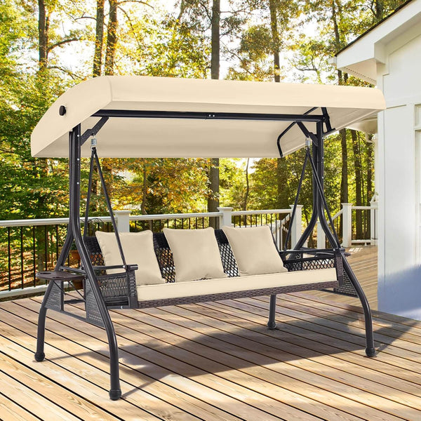 EROMMY 3-Person Outdoor Wicker Porch Swing Bed for Patio Khaki