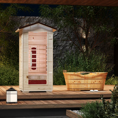 EROMMY Outdoor Sauna 1 Person, Far Infrared Wooden Sauna, Personal Sauna with Bluetooth Speaker and Changeable Chromotherapy Lighting