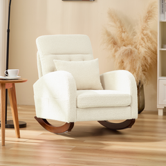 EROMMY Solid Wood Rocking Chair with Cushion & Blanket, Beige, Low Legs