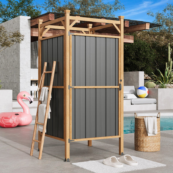 EROMMY Outdoor Shower Enclosure with Lockable Door, Weatherproof Outdoor Shower Stall with Metal Panels, Hooks & Shelves - Perfect for Pool Wash Station, Backyard & Beach Rinse...