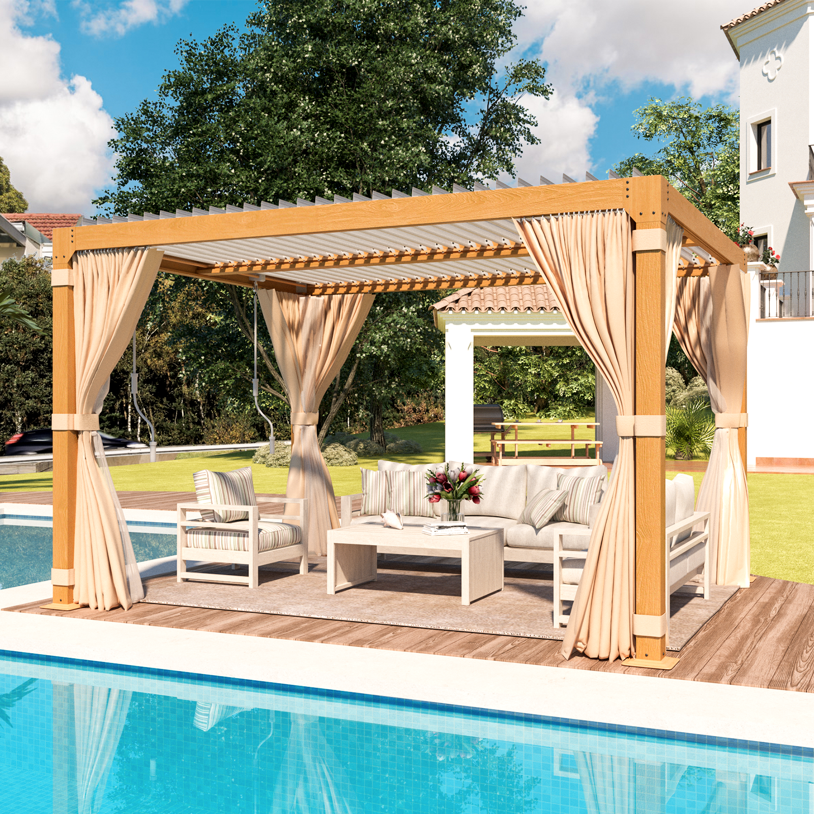 EROMMY 10X12 Pergola with Adjustable Louvered Roof  – Wood Grain