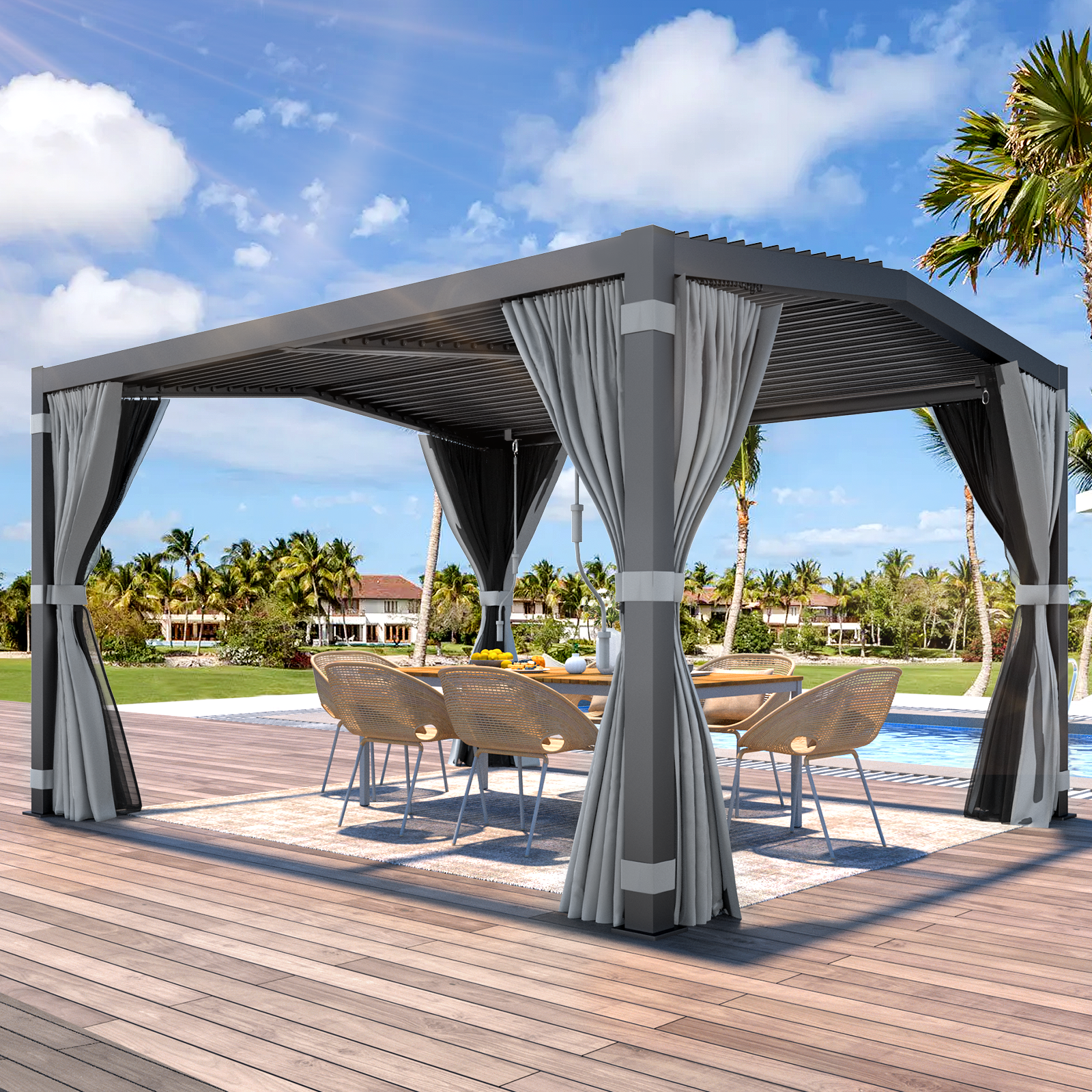 EROMMY 11x13 Aluminum Pergola with Louvered Canopy – Dark Grey