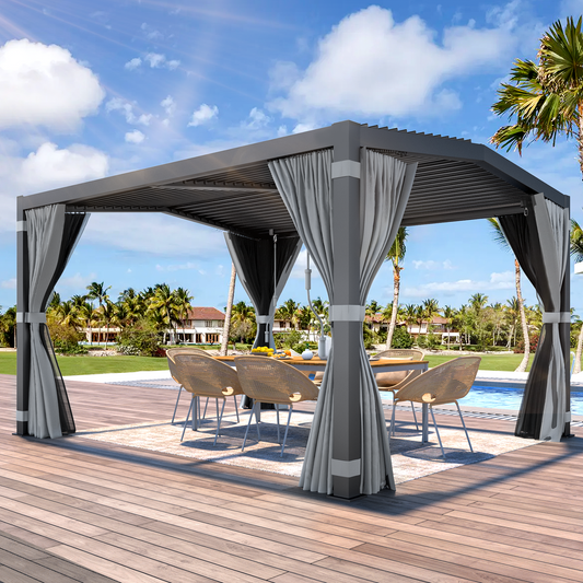 EROMMY 11x13 Louvered Pergola with Adjustable Rainproof Roof, Outdoor Aluminum Pergola, Curtains and Netting Included